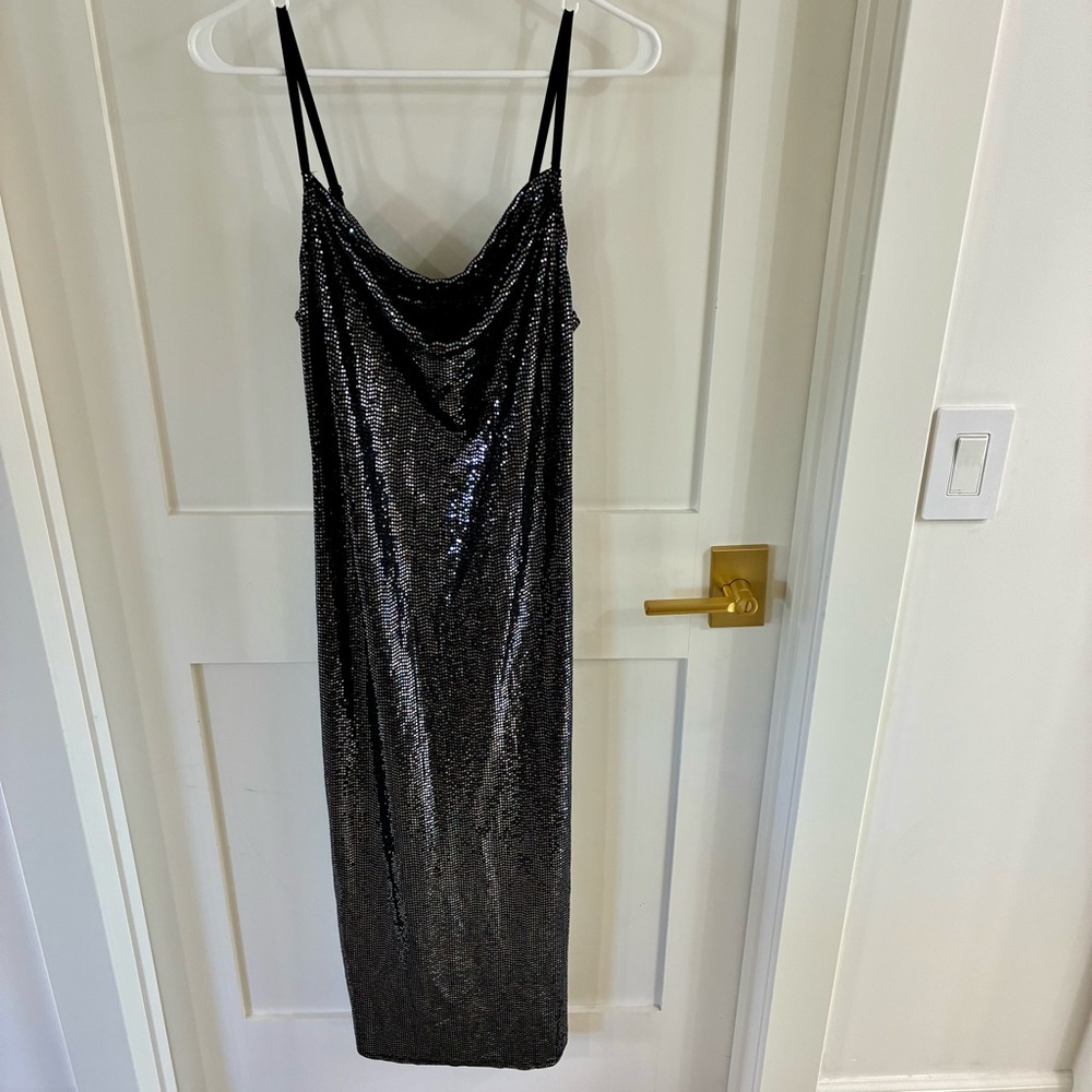Bebe Black Sequin Midi Dress Cowl Neck Side Slit Size Large